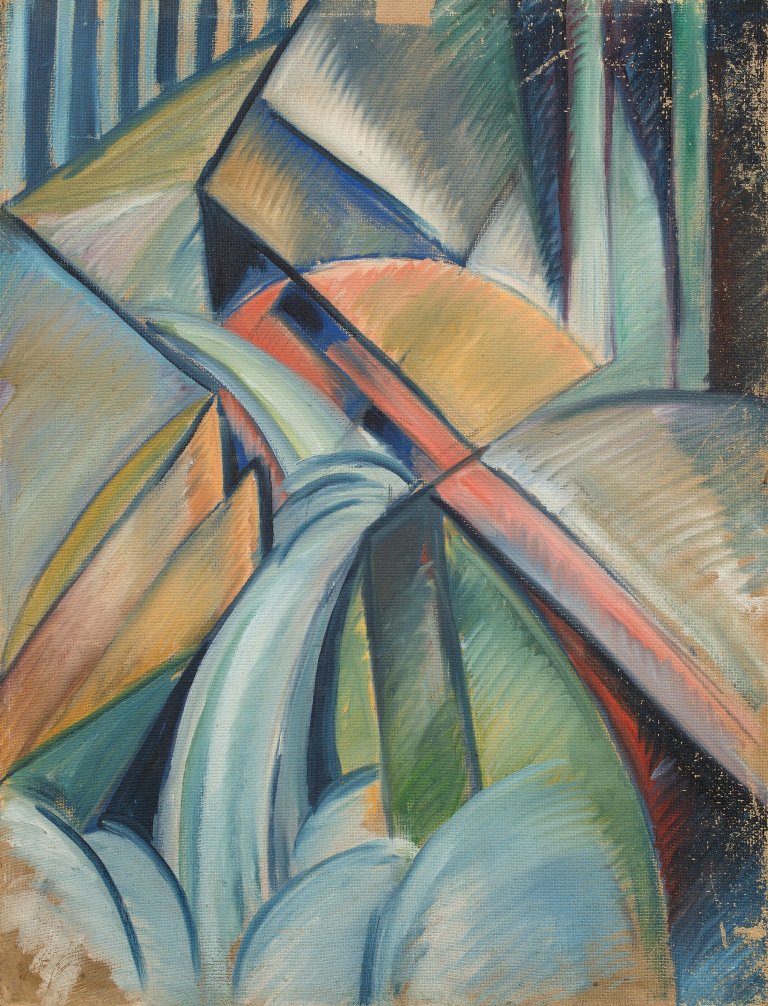 Auf diesem Bild ist das folgende Kunstwerk zu sehen: Walter Dexel. „Pflanze und Haus“ (Ölstudie). 1915.