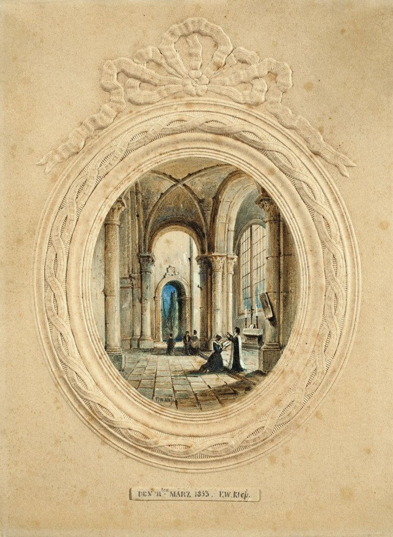 Auf diesem Bild ist das folgende Kunstwerk zu sehen: Friedrich Wilhelm Klose. Kircheninterieur. 1853.