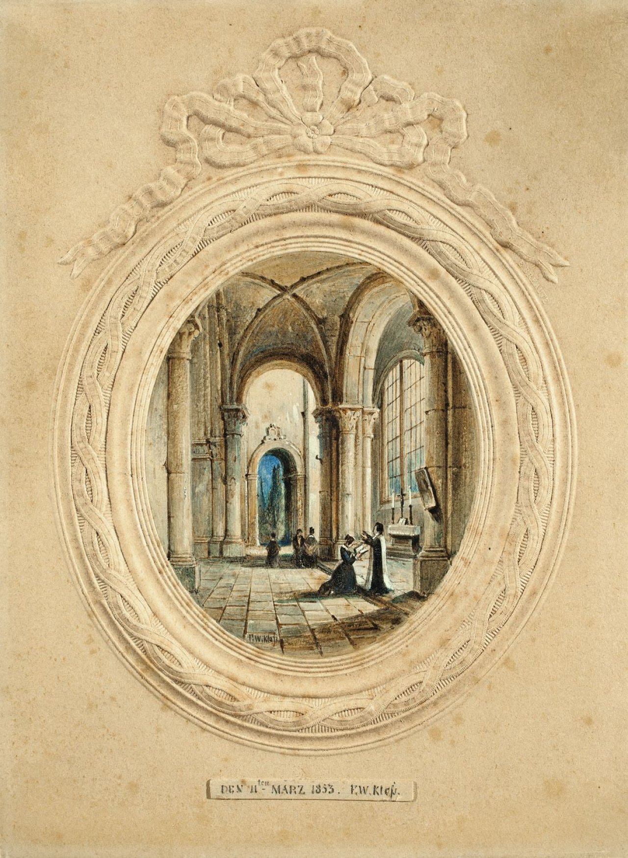 Auf diesem Bild ist das folgende Kunstwerk zu sehen: Friedrich Wilhelm Klose. Kircheninterieur. 1853.