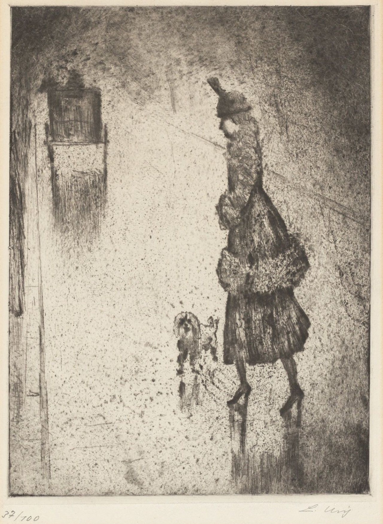 Auf diesem Bild ist das folgende Kunstwerk zu sehen: Lesser Ury. „Dame mit Pudel auf regennasser Straße (Droschke links)“. 1921.