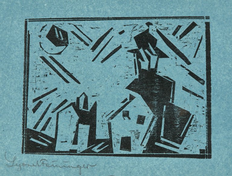 Auf diesem Bild ist das folgende Kunstwerk zu sehen: Lyonel Feininger. „Rathaus und Neumond“. 1918.