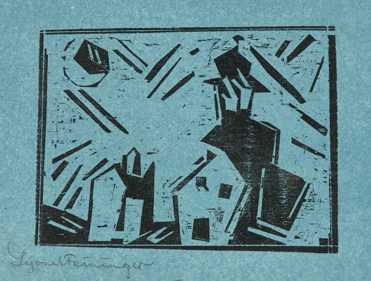 Auf diesem Bild ist das folgende Kunstwerk zu sehen: Lyonel Feininger. „Rathaus und Neumond“. 1918.