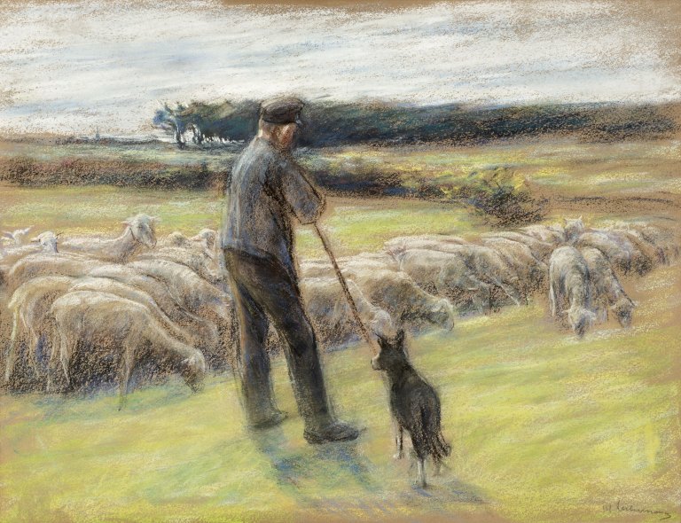 Auf diesem Bild ist das folgende Kunstwerk zu sehen: Max Liebermann. „Schafe - Hirte mit Schafherde und Schäferhund bei Laren“. Um 1895.