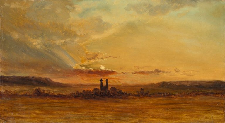 Auf diesem Bild ist das folgende Kunstwerk zu sehen: Carl Robert Kummer. „Das Kloster Metten bei untergehender Sonne“. 1859.