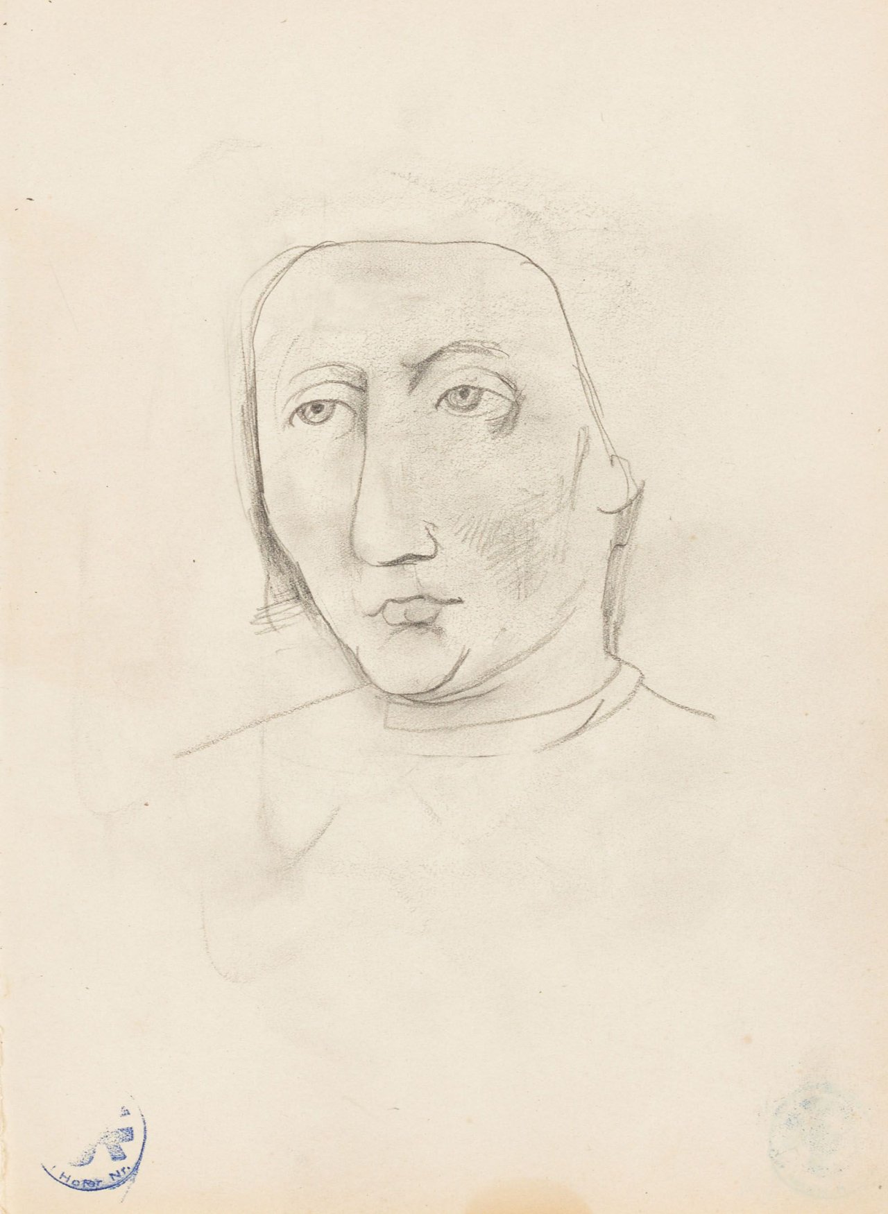 Auf diesem Bild ist das folgende Kunstwerk zu sehen: Karl Hofer. Frauenkopf nach rechts / Kopf en face. 1950er Jahre.
