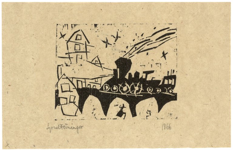 Auf diesem Bild ist das folgende Kunstwerk zu sehen: Lyonel Feininger. „Zug auf der Brücke“. 1918.