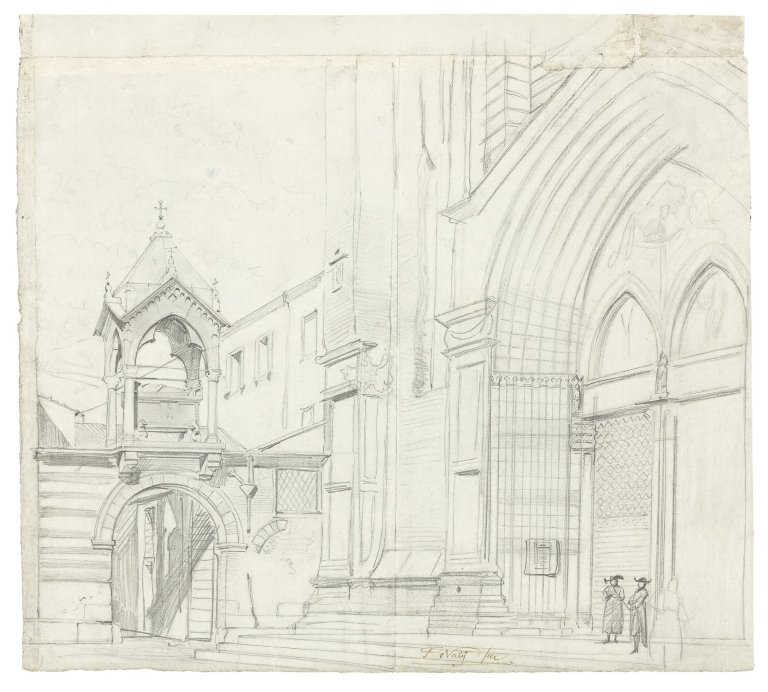 Auf diesem Bild ist das folgende Kunstwerk zu sehen: Friedrich Nerly d. Ä.. Kirchenportal in Italien.
