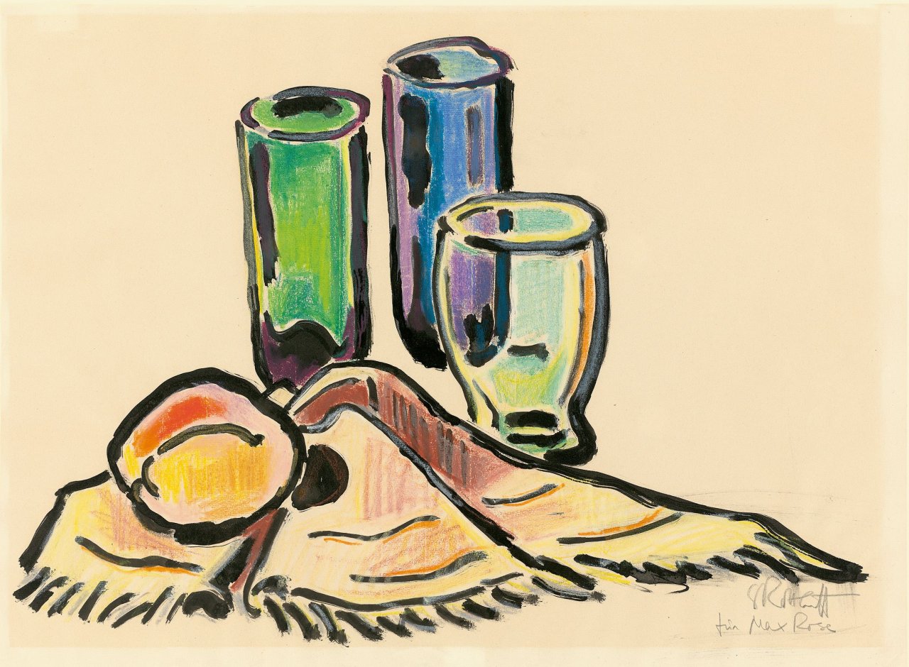 Auf diesem Bild ist das folgende Kunstwerk zu sehen: Karl Schmidt-Rottluff. Stilleben mit drei Gefäßen. Um 1957.