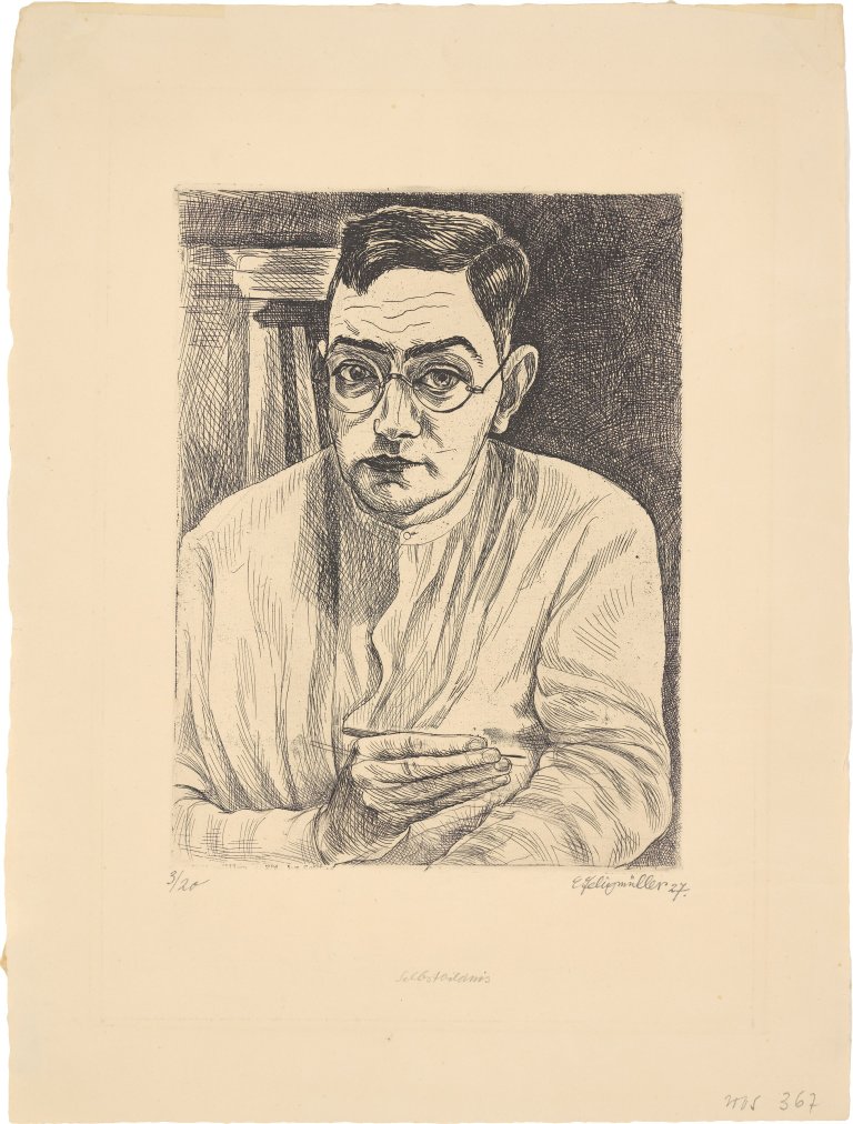 Auf diesem Bild ist das folgende Kunstwerk zu sehen: Conrad Felixmüller. „Selbstbildnis mit Radiernadel“. 1927.