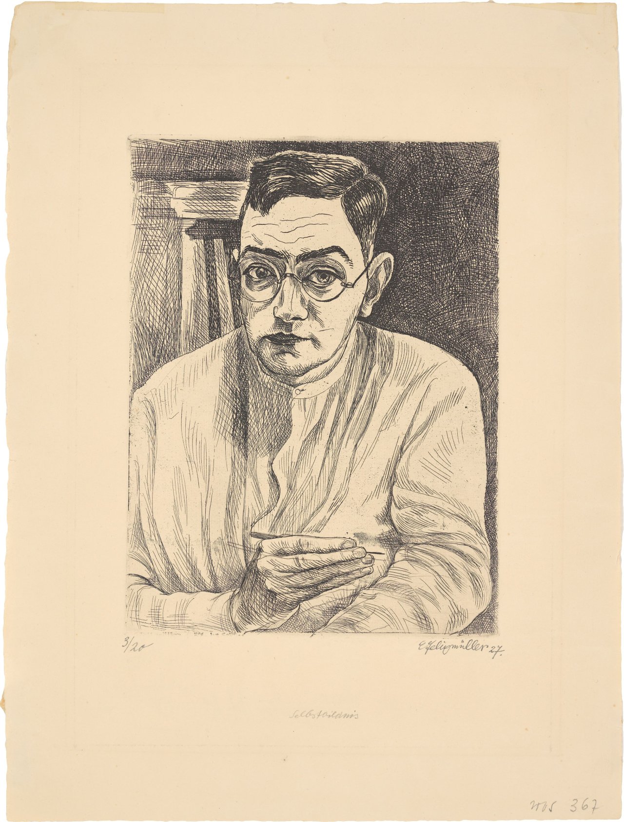 Auf diesem Bild ist das folgende Kunstwerk zu sehen: Conrad Felixmüller. „Selbstbildnis mit Radiernadel“. 1927.