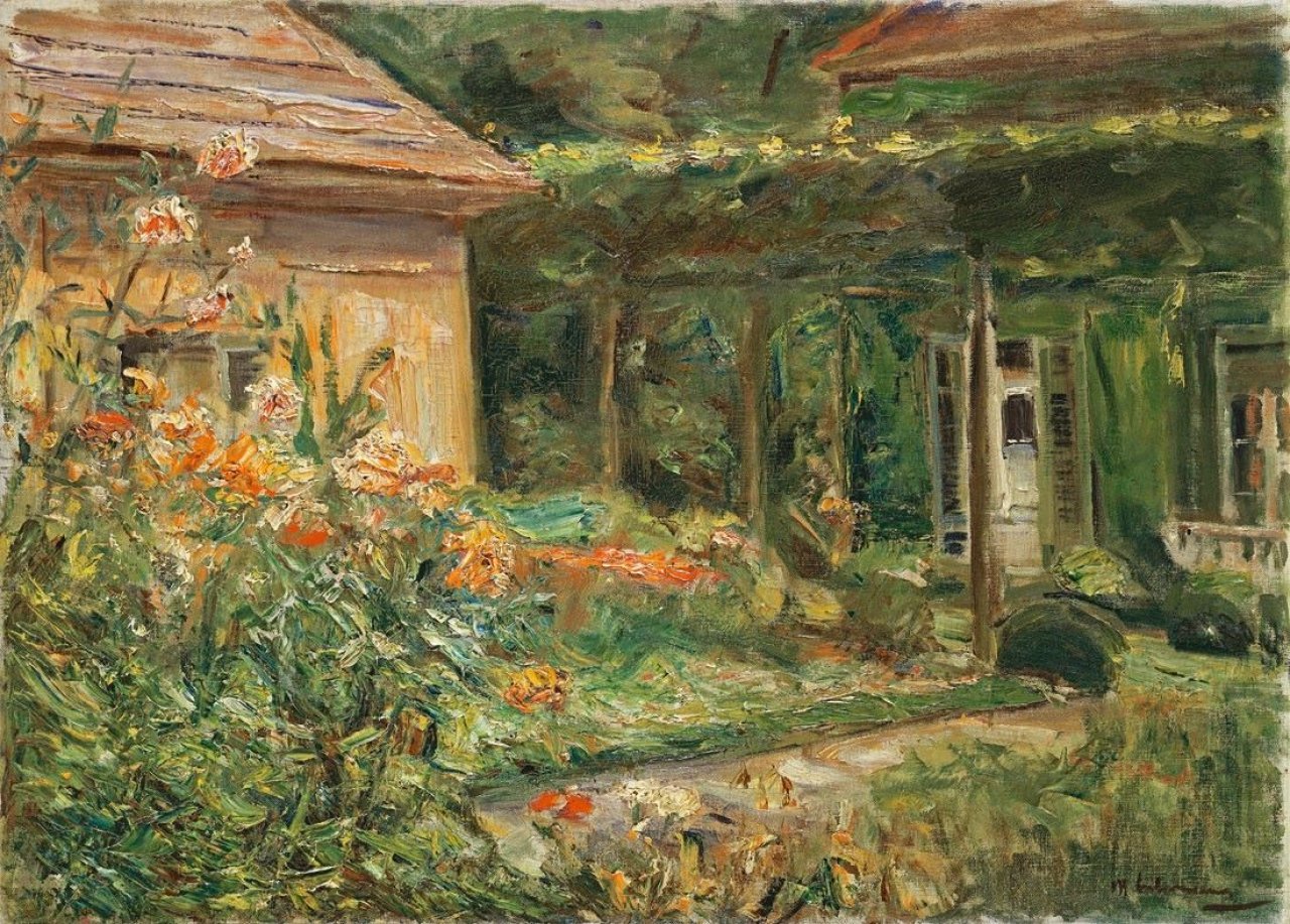 Auf diesem Bild ist das folgende Kunstwerk zu sehen: Max Liebermann. „Blumenstauden am Gärtnerhäuschen nach Nordosten“. 1929 (?).