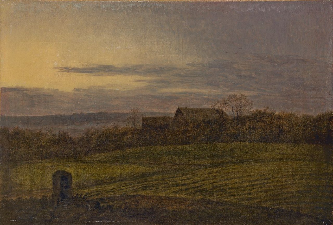 This picture shows the following artwork: Carl Gustav Carus. „Blick über abendliche Felder auf ein Gehöft“. 1819 [?].