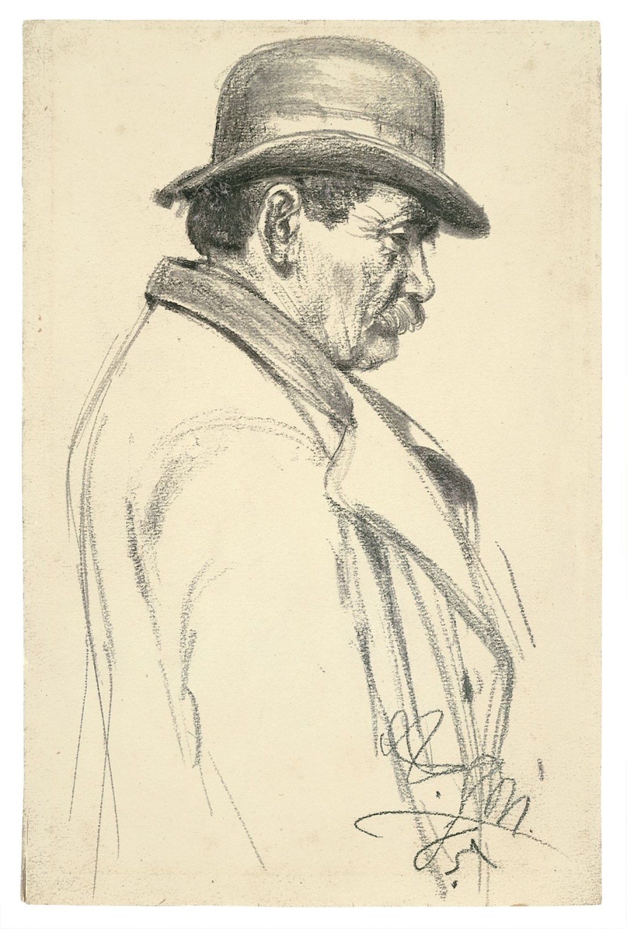 This picture shows the following artwork: Adolph Menzel. Mann mit Hut im Profil nach rechts. 1885.