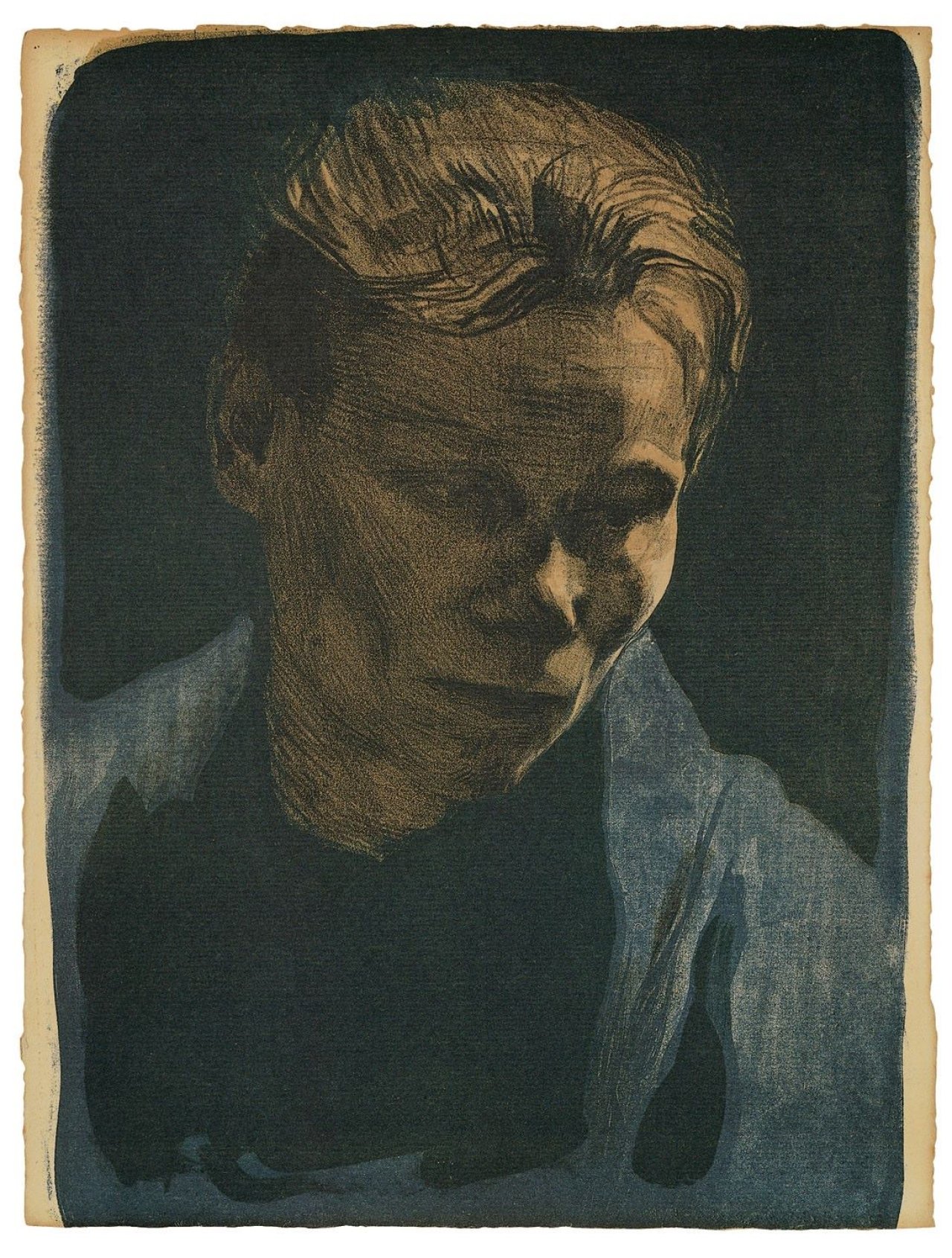 This picture shows the following artwork: Käthe Kollwitz. „Brustbild einer Arbeiterfrau mit blauem Tuch“. 1903.