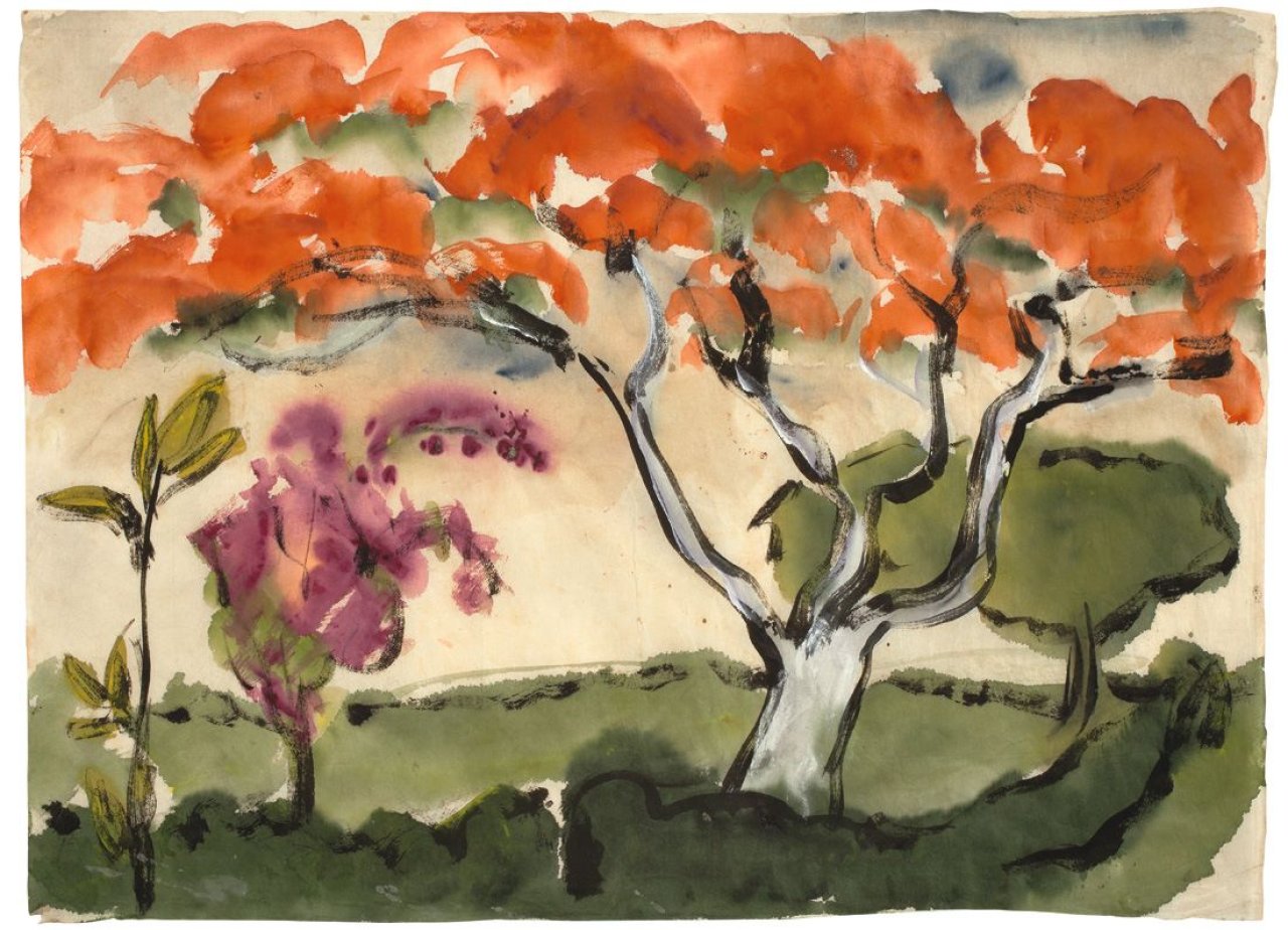 This picture shows the following artwork: Emil Nolde. „Baum mit roten Blüten in einer südlichen Landschaft“. 1913/14.