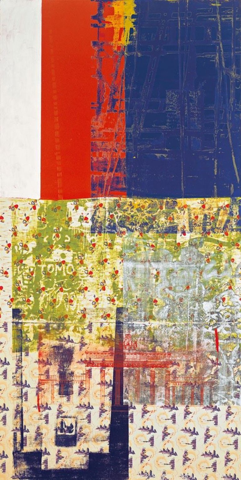 Auf diesem Bild ist das folgende Kunstwerk zu sehen: Robert Rauschenberg. „City Pattern (Stadtmuster) - ROCI, Berlin“. 1990.