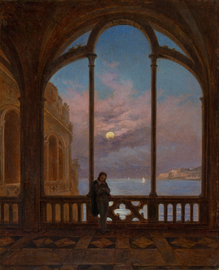 This picture shows the following artwork: Carl Gustav Carus. „Mondnacht am italienischen Meer mit einem versunkenen Leser am gotischen Fenster“. Circa 1832.