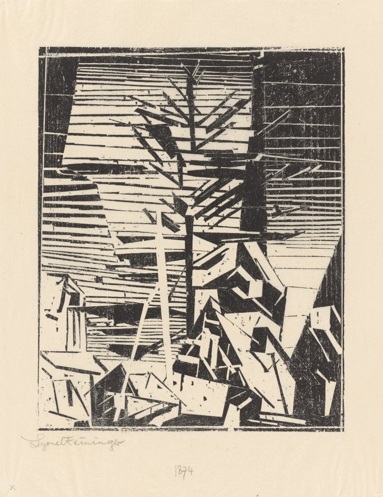 Auf diesem Bild ist das folgende Kunstwerk zu sehen: Lyonel Feininger. „Gelmeroda (mit Tanne)“. 1918.