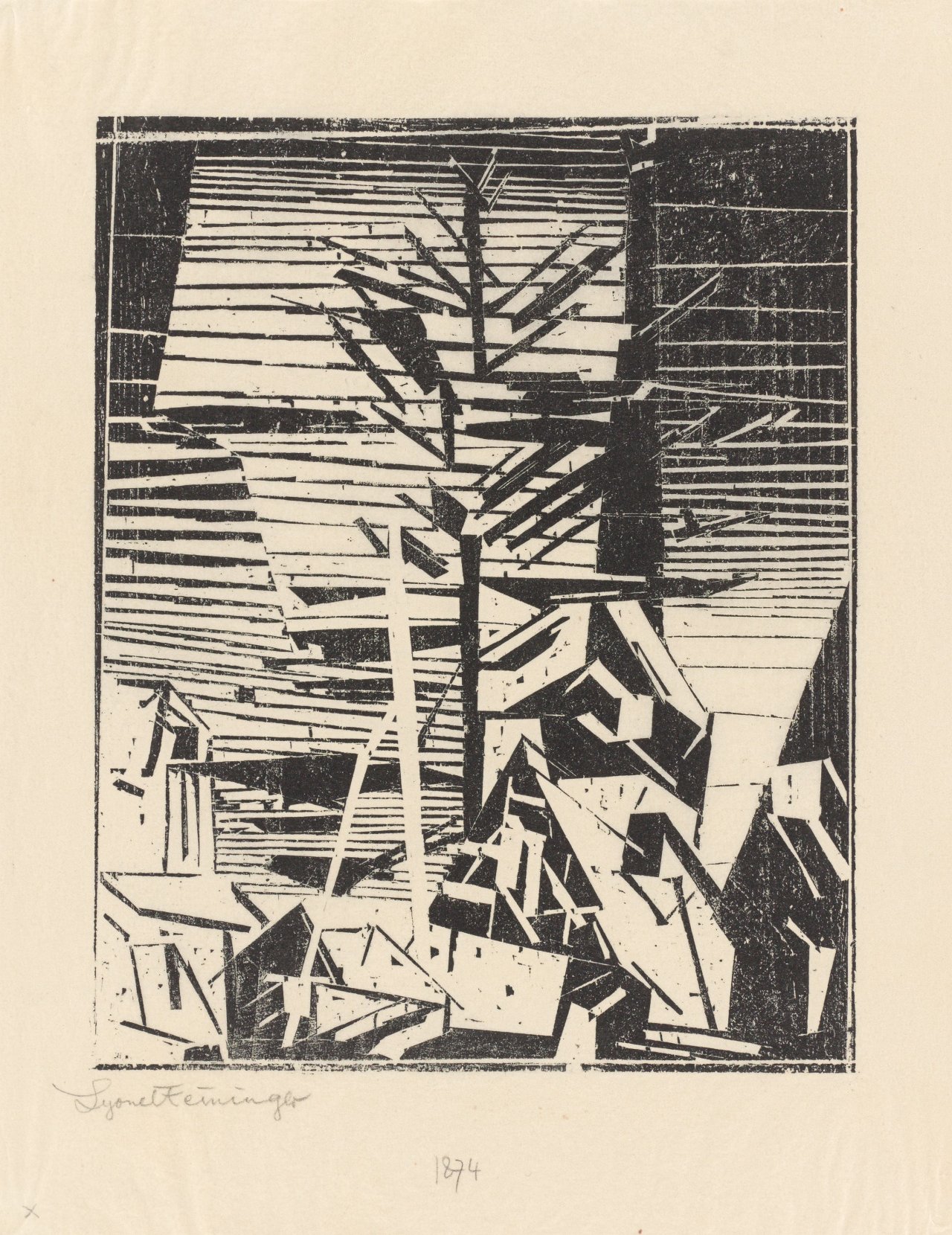 Auf diesem Bild ist das folgende Kunstwerk zu sehen: Lyonel Feininger. „Gelmeroda (mit Tanne)“. 1918.