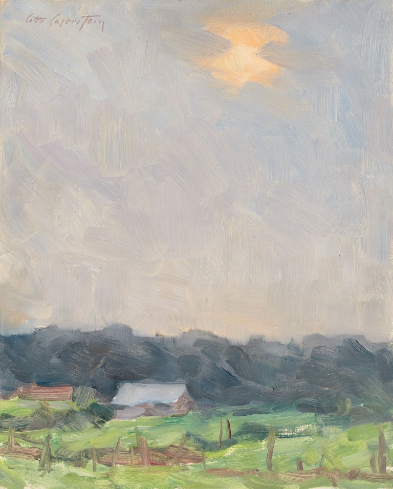 Auf diesem Bild ist das folgende Kunstwerk zu sehen: Lotte Laserstein. Landschaft mit Häusern. Um 1950.