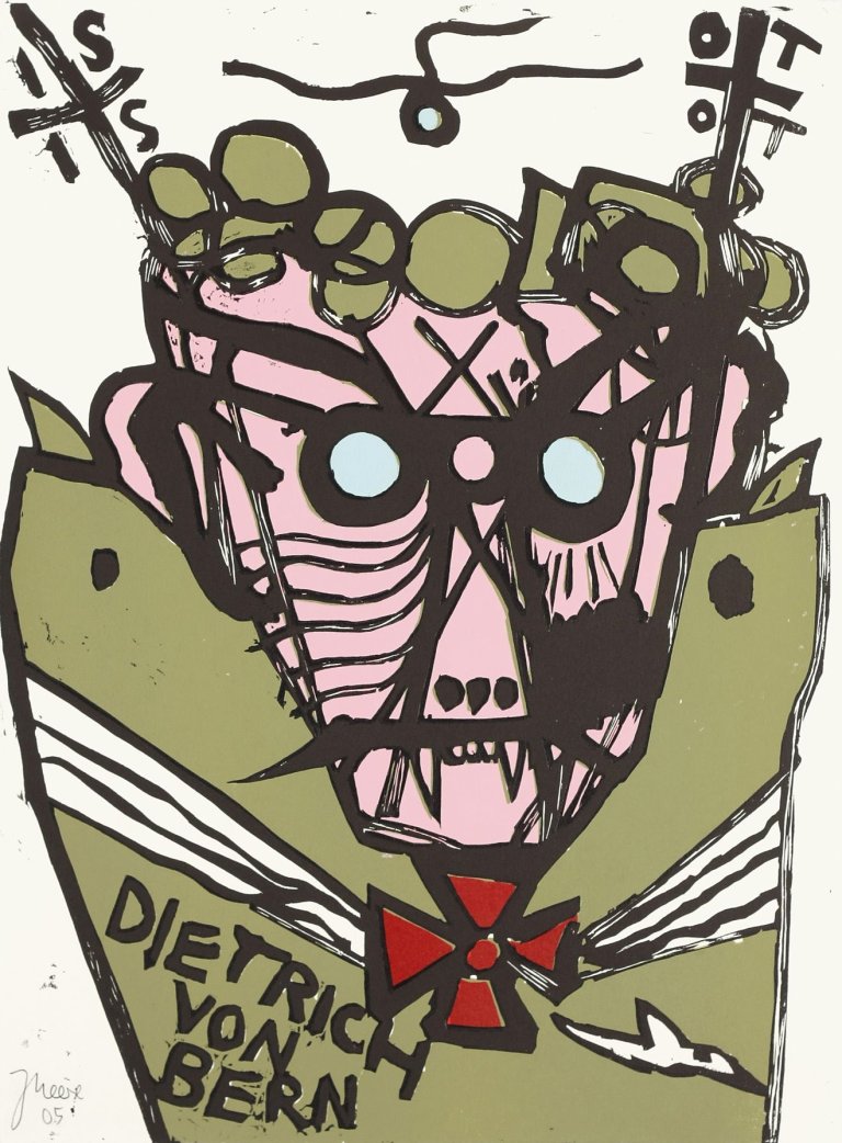 Auf diesem Bild ist das folgende Kunstwerk zu sehen: Jonathan Meese. „Dietrich von Bern in Drachenhaut/ Siegfried der Blökkopf in Hornhaut/ Hagen von Tronje im Meeresgrund/Dietrich von Bern in Mosaikblutausrüstzeug/Siegfried im Turmzimmer/Hagen von Tronje der Tiefsee“. 2005.