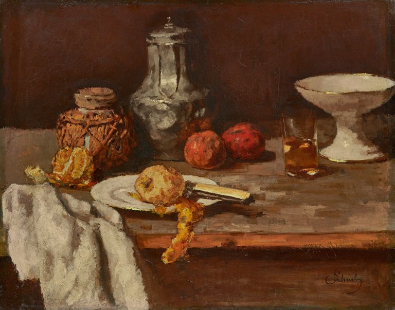 Auf diesem Bild ist das folgende Kunstwerk zu sehen: Carl Schuch. „Ingwertopf mit Orangenhälfte“. Um 1885/88.