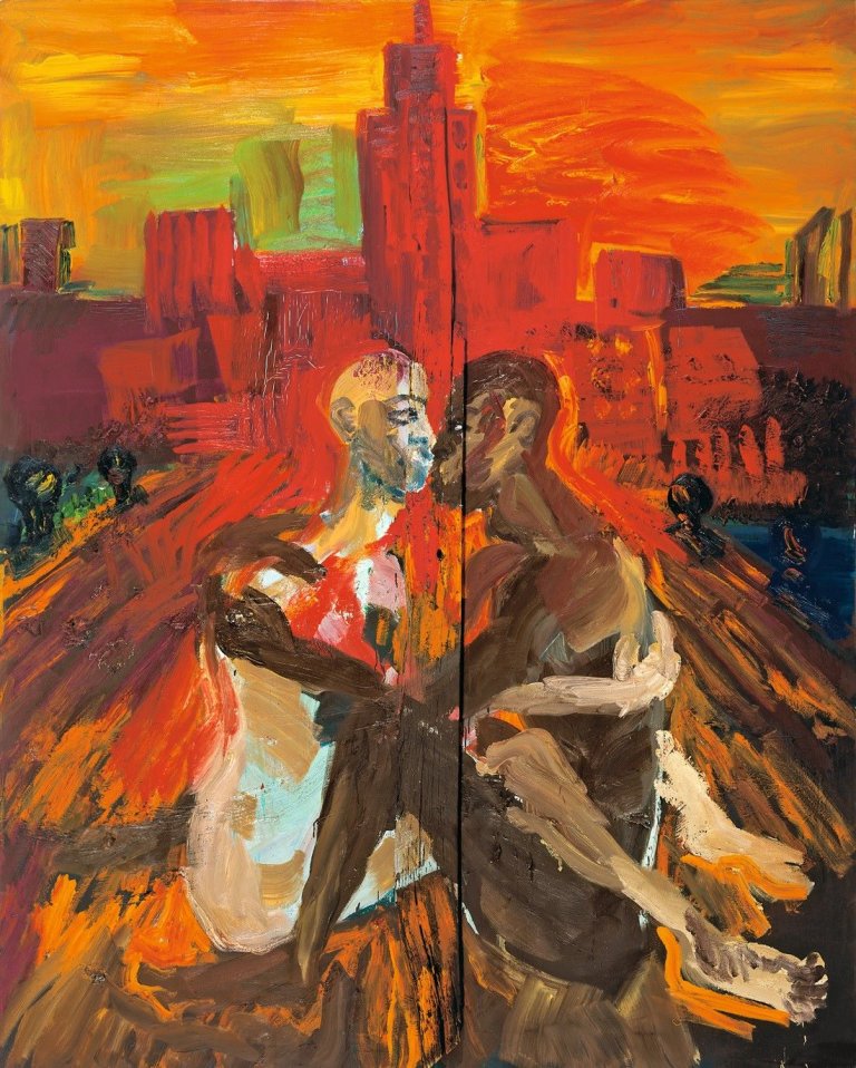 Auf diesem Bild ist das folgende Kunstwerk zu sehen: Rainer Fetting. „Umarmung am Pier“. 1987.