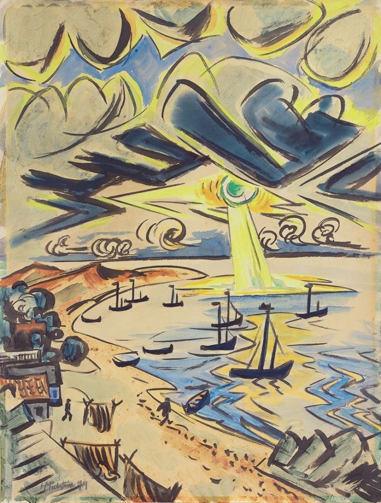 Auf diesem Bild ist das folgende Kunstwerk zu sehen: Max Pechstein. Boote am Strand von Nidden. 1919.