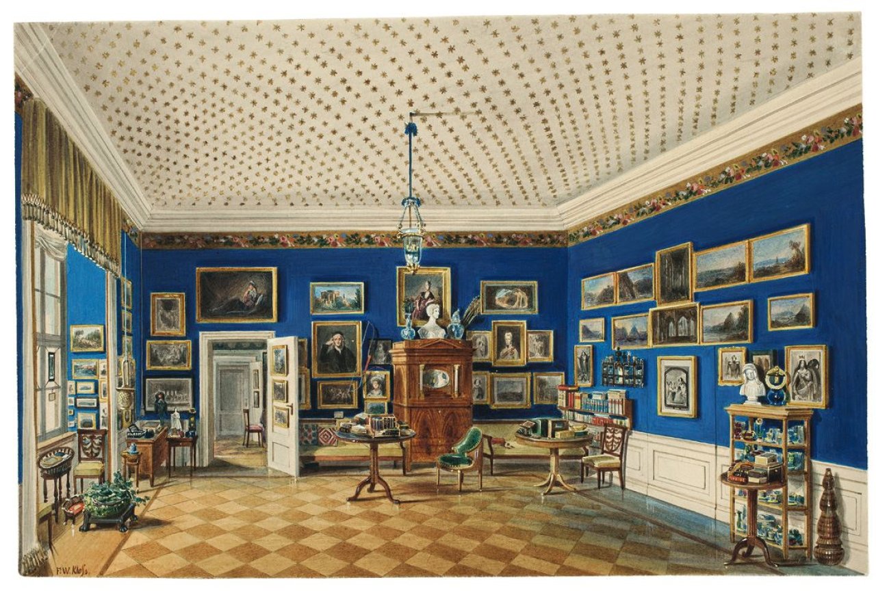 Auf diesem Bild ist das folgende Kunstwerk zu sehen: Friedrich Wilhelm Klose. DAS SCHREIBKABINETT DES PRINZEN WILHELM UND DER PRINZESSIN MARIANNE IM Königlichen SCHLOSS BERLIN. (Nach) 1851.