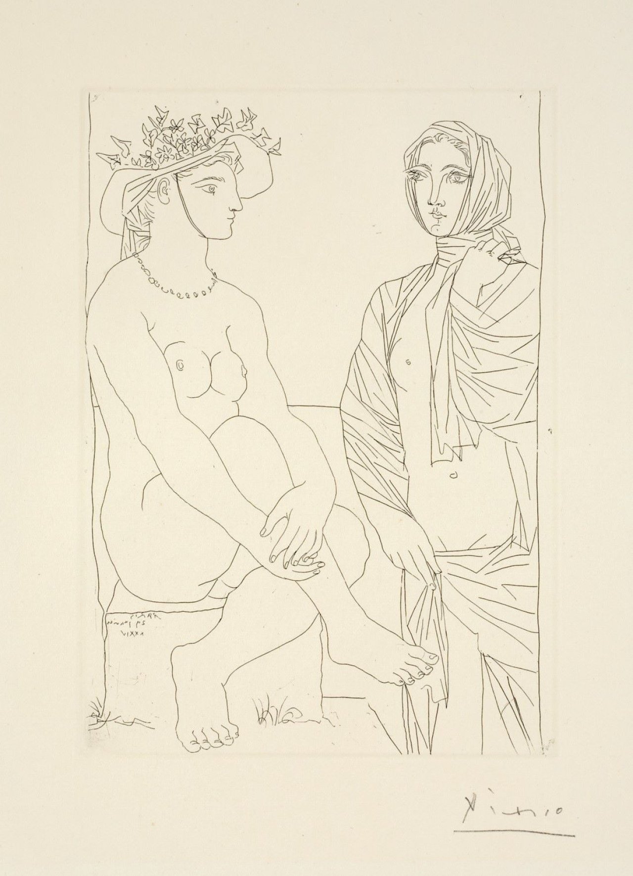 This picture shows the following artwork: Pablo Picasso. „Au Bain. Femme au Chapeau à fleurs et femme drapée dans une serviette“. 1934.