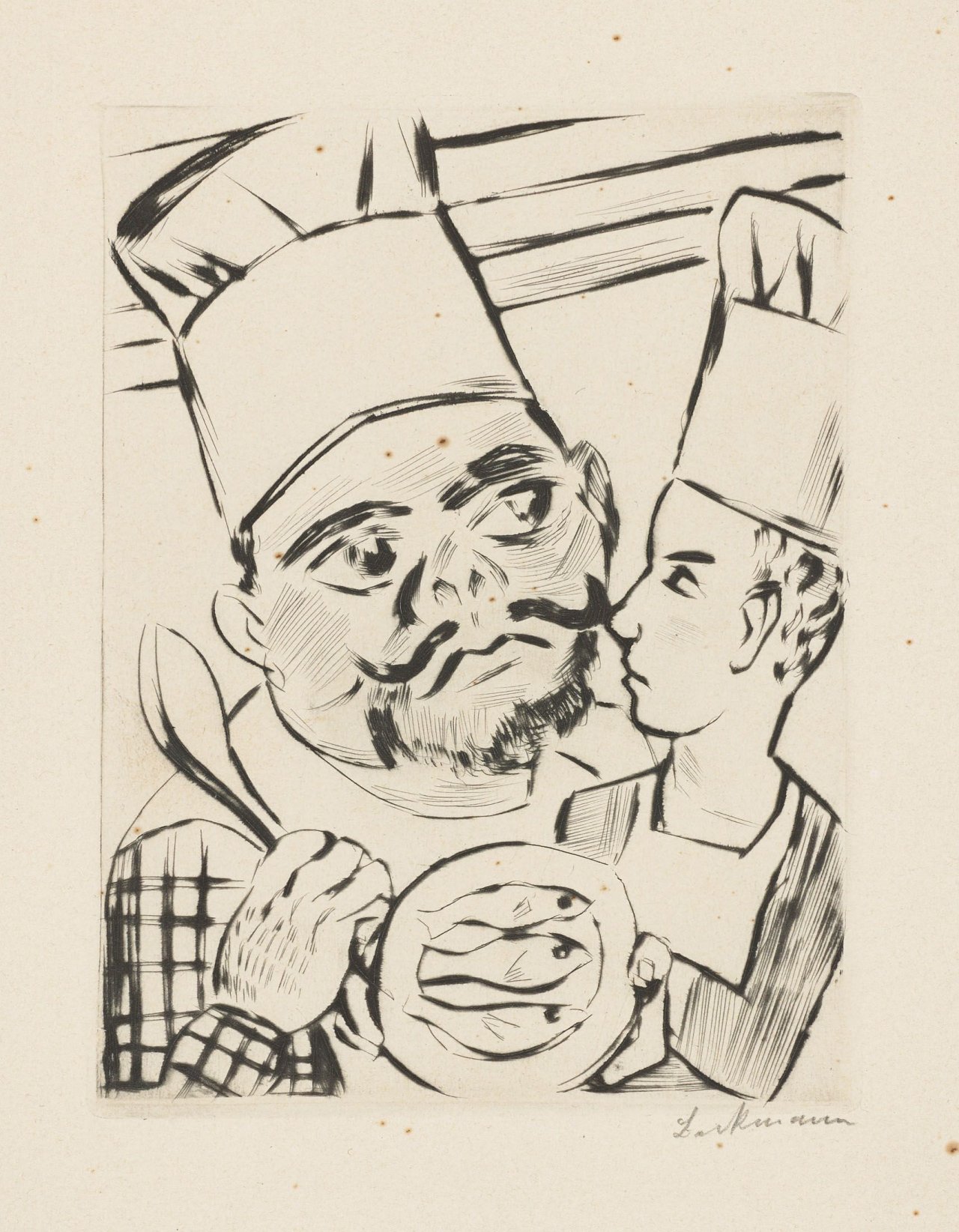 Auf diesem Bild ist das folgende Kunstwerk zu sehen: Max Beckmann. „König Jerums Sohn Ursulus als Küchenlehrling in der Küche seines Vaters“. 1923.