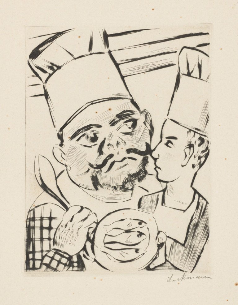 Auf diesem Bild ist das folgende Kunstwerk zu sehen: Max Beckmann. „König Jerums Sohn Ursulus als Küchenlehrling in der Küche seines Vaters“. 1923.