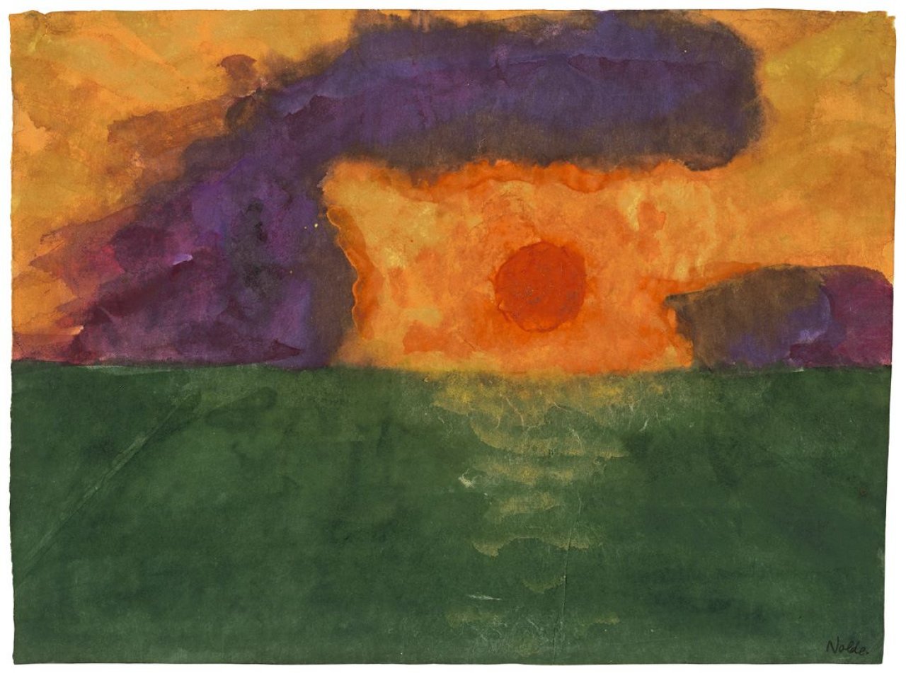 This picture shows the following artwork: Emil Nolde. „Rote, tiefstehende Sonne (über grüner Marschlandschaft)“. Circa 1920/25.