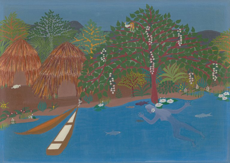 Auf diesem Bild ist das folgende Kunstwerk zu sehen: Elisa Martins da Silveira. Hütten am Fluss mit Schwimmerin. 1960.