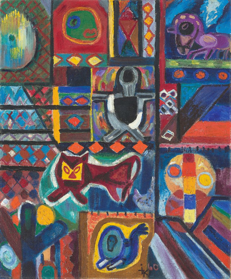Auf diesem Bild ist das folgende Kunstwerk zu sehen: Ida Kerkovius. Komposition mit Figuren und Tieren. 1960.