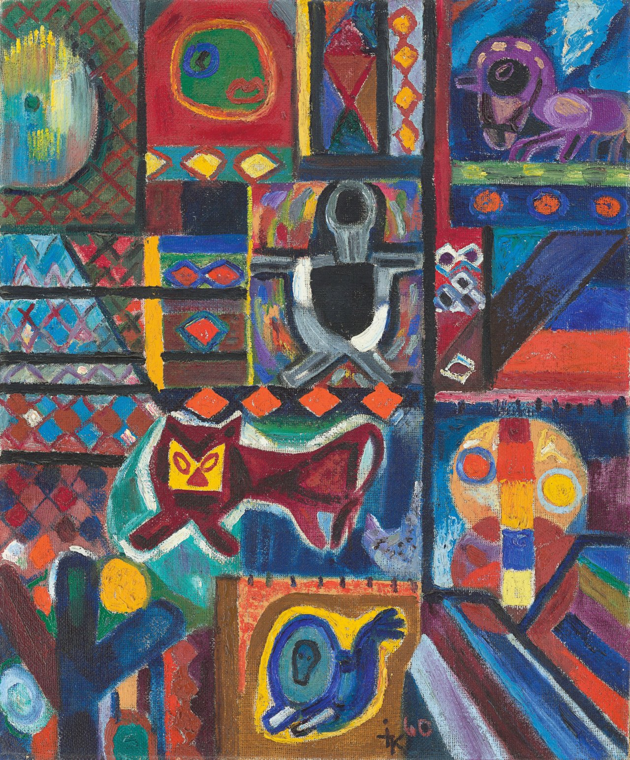 Auf diesem Bild ist das folgende Kunstwerk zu sehen: Ida Kerkovius. Komposition mit Figuren und Tieren. 1960.