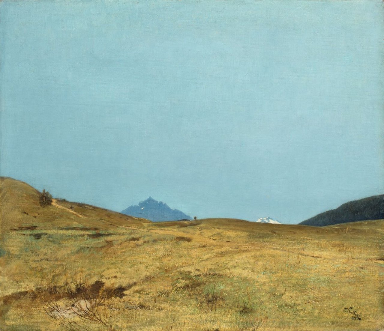 Auf diesem Bild ist das folgende Kunstwerk zu sehen: Toni (Anton) von Stadler. Alm vor zwei Berggipfeln. 1899.