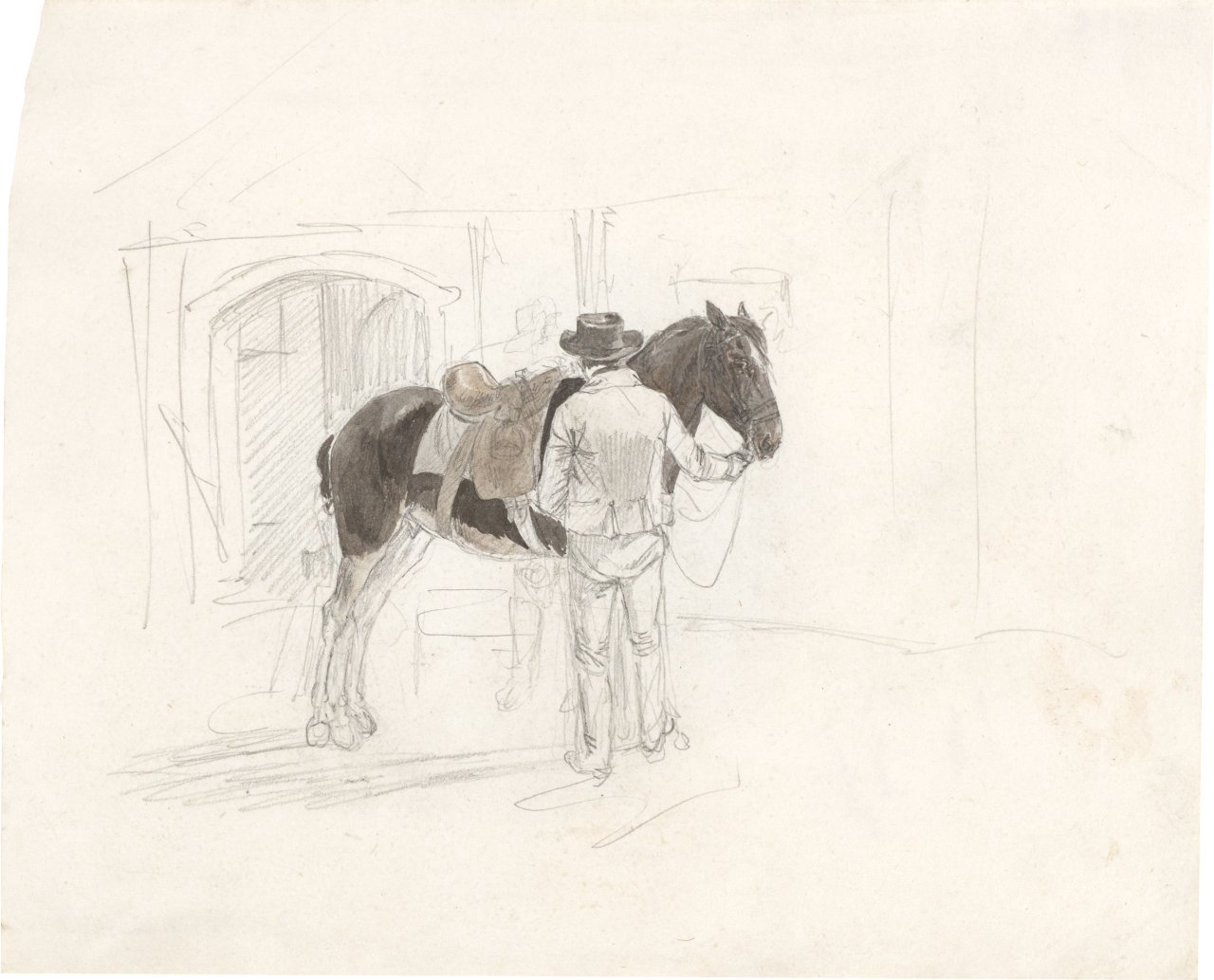 Auf diesem Bild ist das folgende Kunstwerk zu sehen:  Deutsch, um 1830. Gesatteltes Pferd vor dem Stall mit zwei Männern.