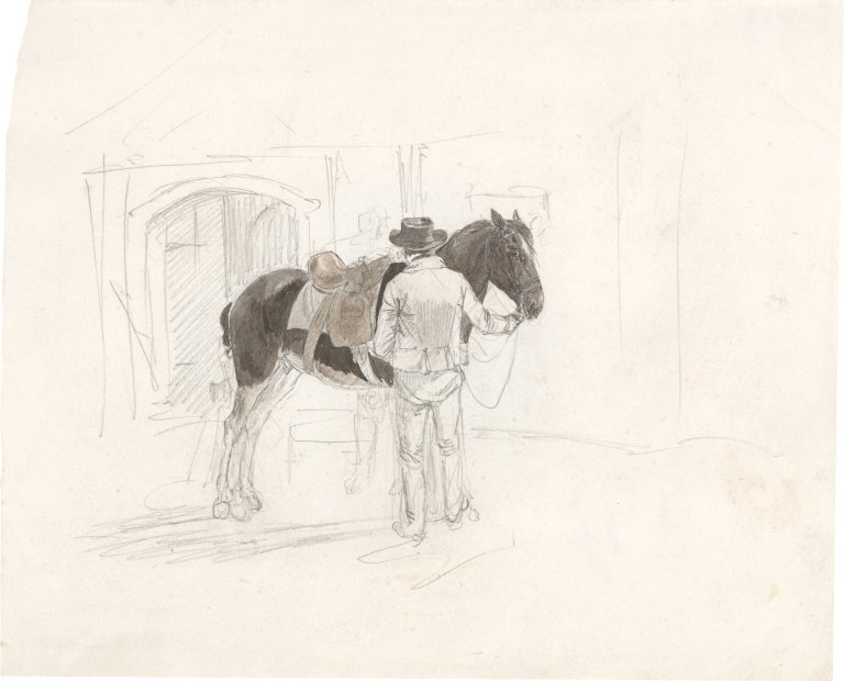 Auf diesem Bild ist das folgende Kunstwerk zu sehen:  Deutsch, um 1830. Gesatteltes Pferd vor dem Stall mit zwei Männern.