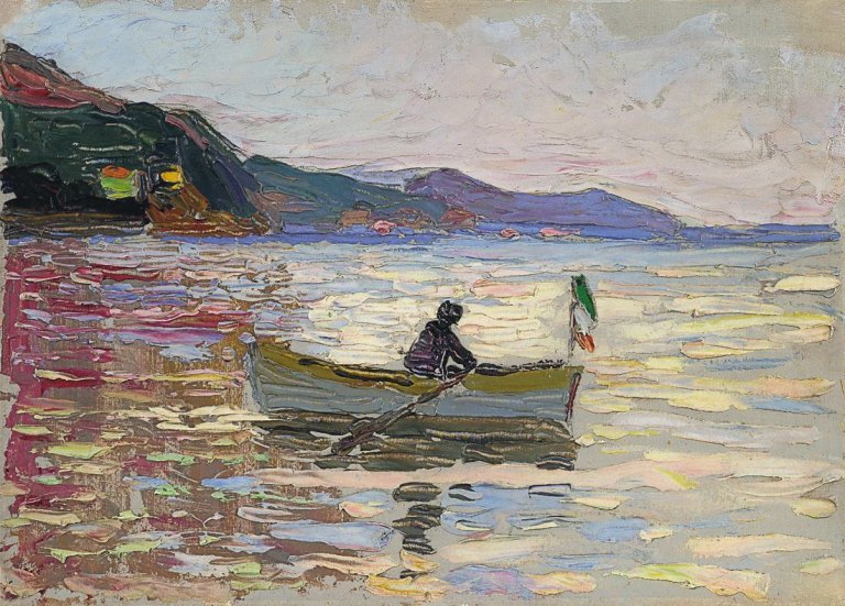 Auf diesem Bild ist das folgende Kunstwerk zu sehen: Wassily Kandinsky. „Rapallo – Boot im Meer“. 1906.