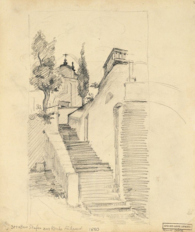 This picture shows the following artwork: Lovis Corinth. Treppenaufgang zu einer Kirche. Circa 1883.