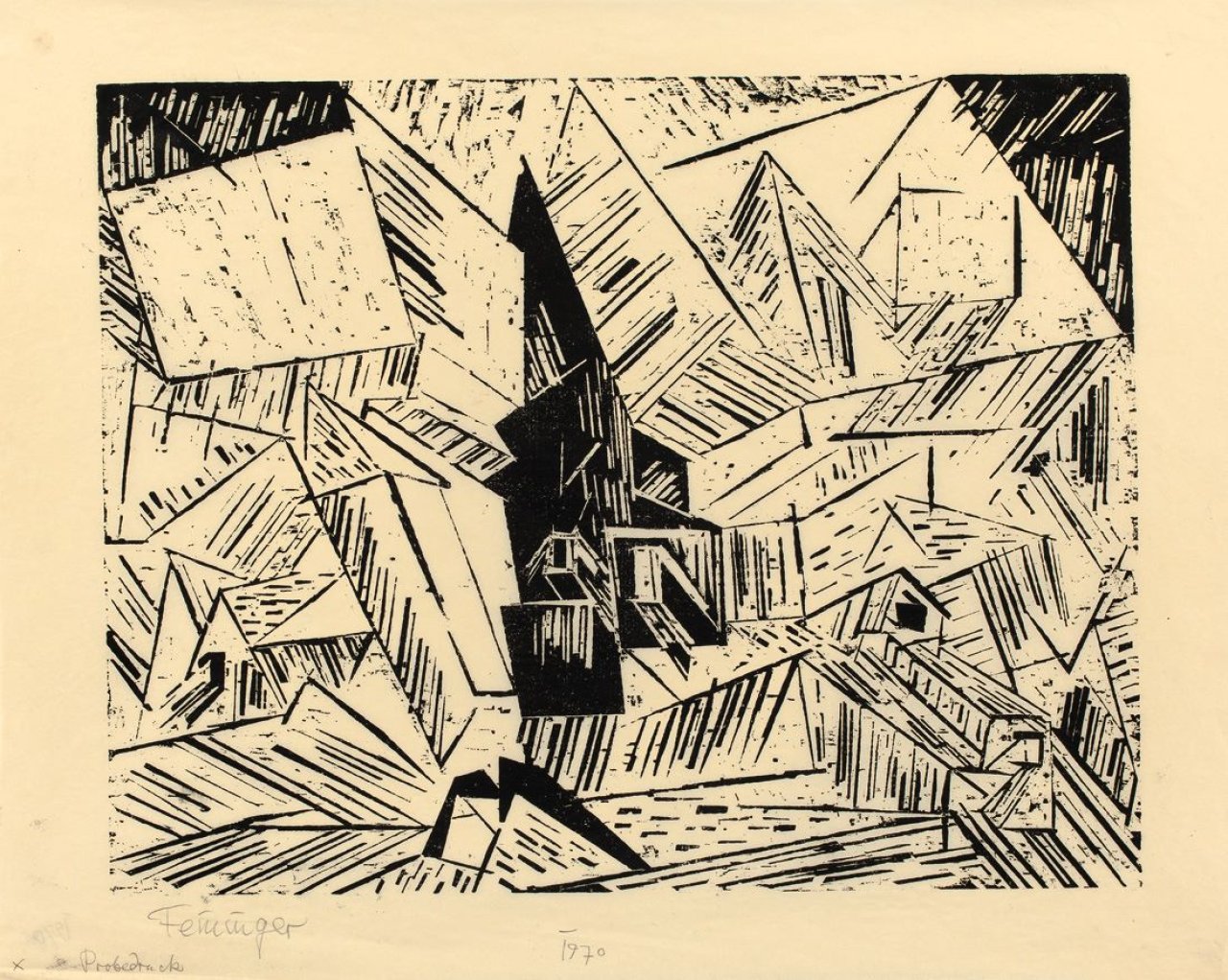 Auf diesem Bild ist das folgende Kunstwerk zu sehen: Lyonel Feininger. „Dorf (mit Kirche)“. 1919.