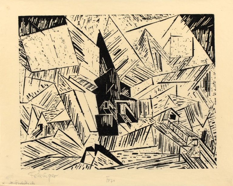 Auf diesem Bild ist das folgende Kunstwerk zu sehen: Lyonel Feininger. „Dorf (mit Kirche)“. 1919.