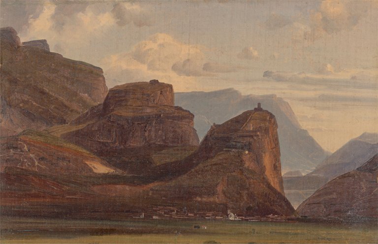 Auf diesem Bild ist das folgende Kunstwerk zu sehen:  Deutsch, um 1830/40. Blick auf das Castello di Arco am Gardasee.