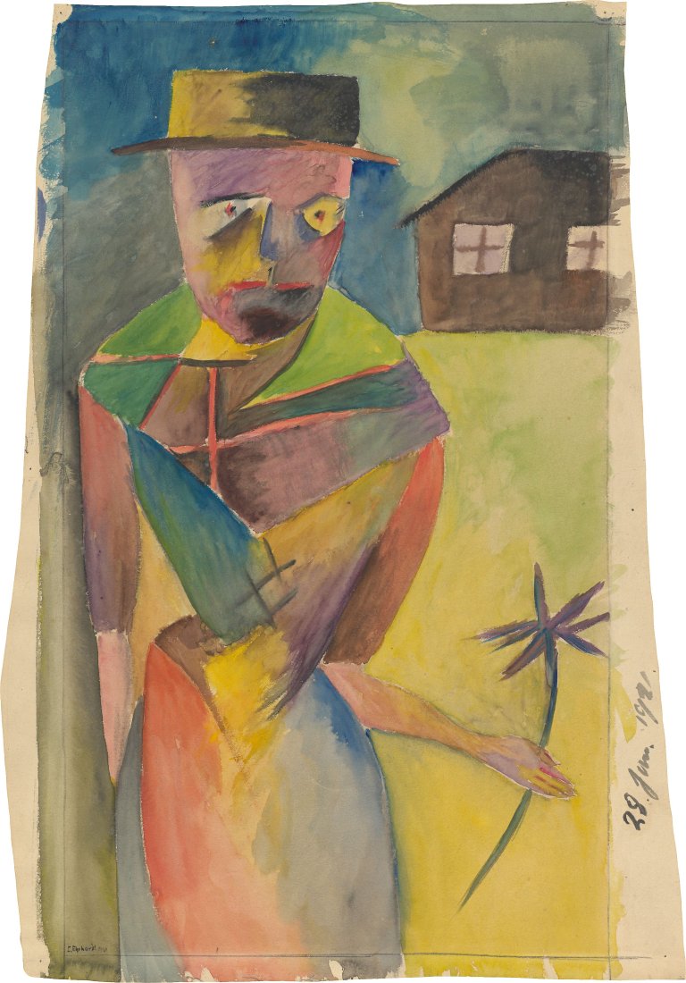 Auf diesem Bild ist das folgende Kunstwerk zu sehen: Curt Ehrhardt. Ohne Titel (Mann mit Blume). 1921.