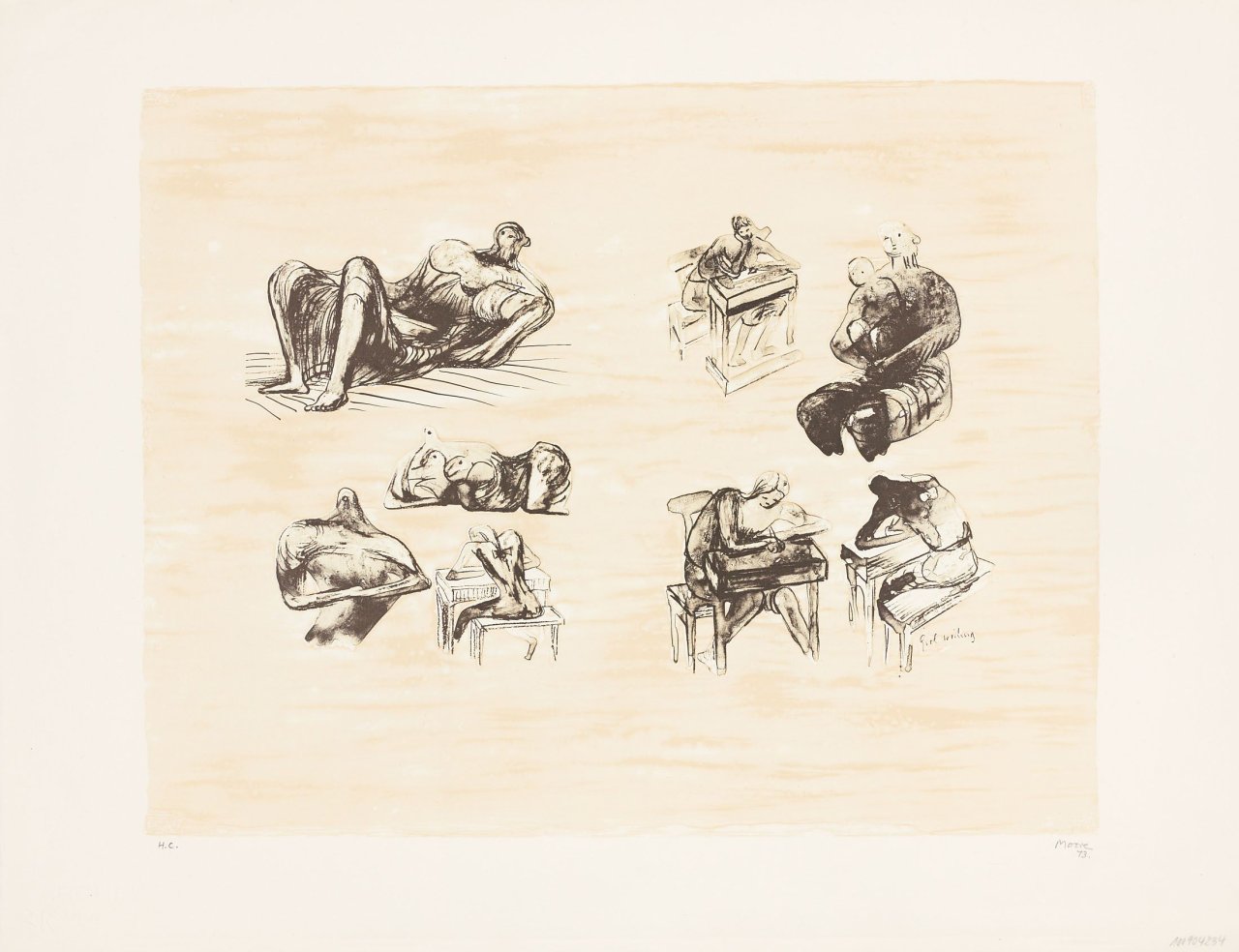 Auf diesem Bild ist das folgende Kunstwerk zu sehen: Henry Moore. „Eight Sculpturals Ideas Girl Writing“. 1973/74.