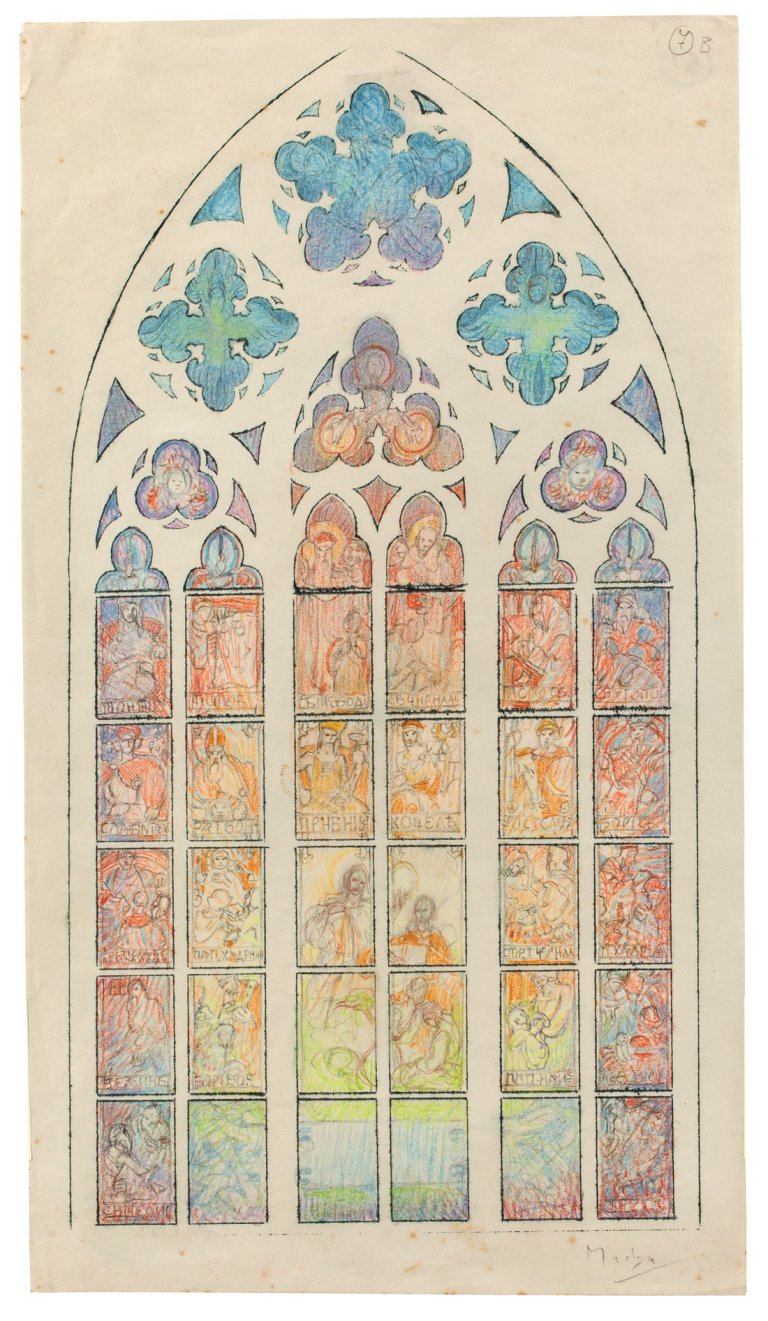 Auf diesem Bild ist das folgende Kunstwerk zu sehen: Alfons Mucha. Skizzenbuch und Entwurfsstudie für ein Fenster im Veitsdom, Prag. (Vor) 1931.