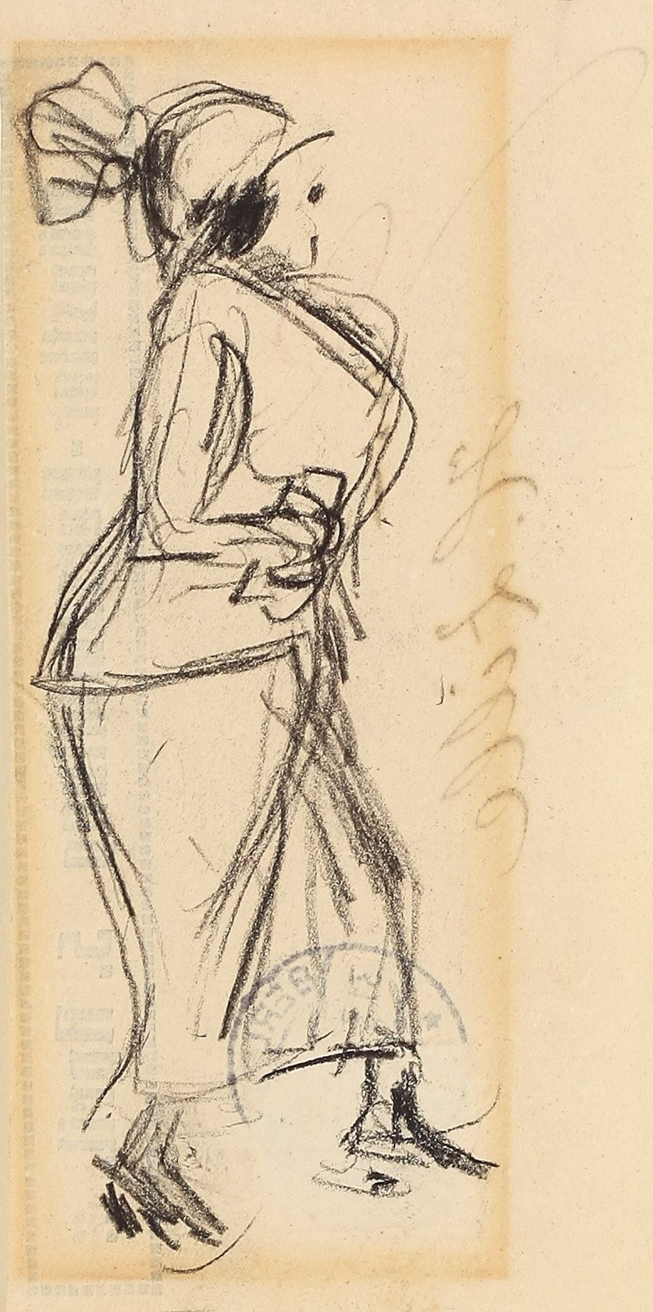 This picture shows the following artwork: Heinrich Zille. Woman in suit and hat, turned to the right.