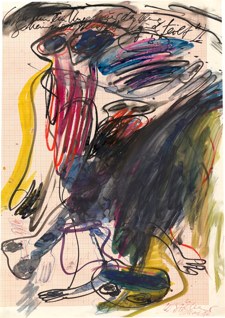 Auf diesem Bild ist das folgende Kunstwerk zu sehen: Walter Stöhrer. „Ich bin ein Ungeheuer, das seine Geheimnisse mit dem Wind teilt F.B.“. 1986.