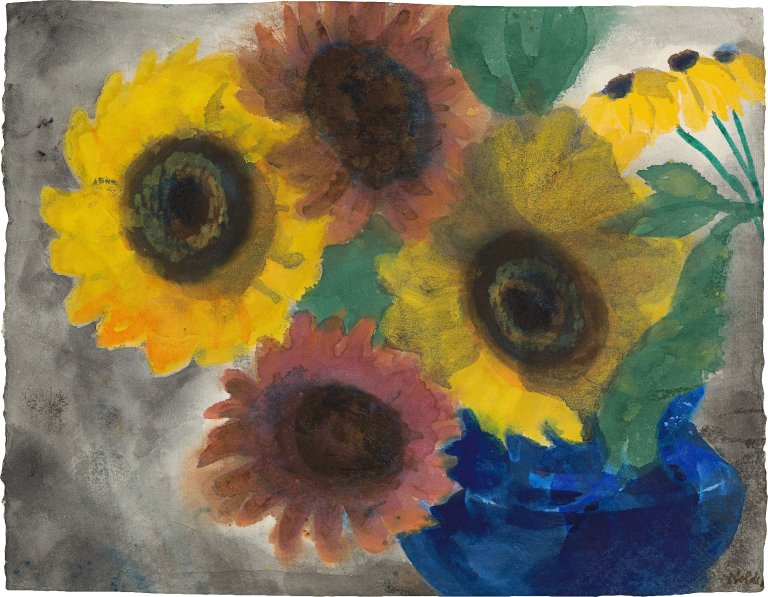 This picture shows the following artwork: Emil Nolde. Sunflowers in blue vase.